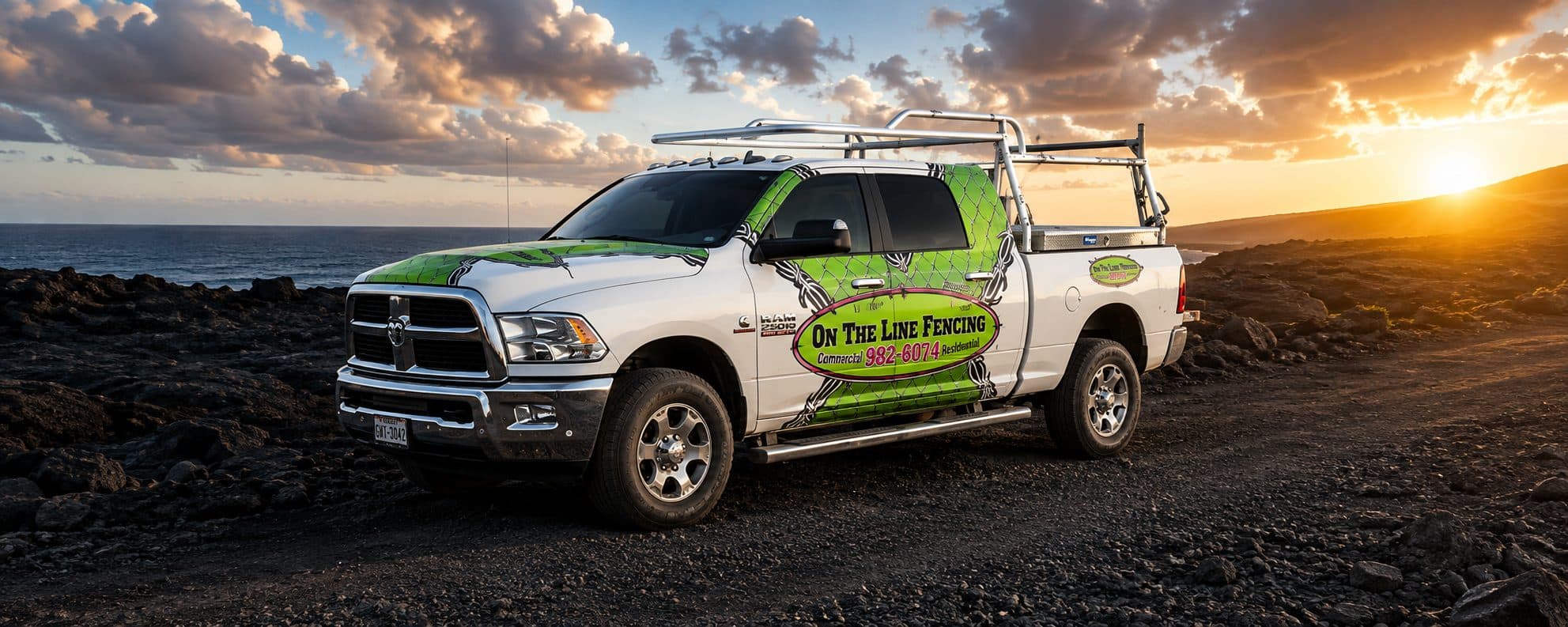 On The Line Fencing branded truck parked on the Big Island coastline at sunset